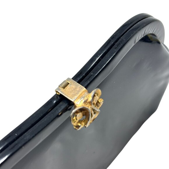 Vintage Admiral Black Patent Leather Evening Purse Clutch Gold-Tone Chain Clasp - Picture 13 of 16